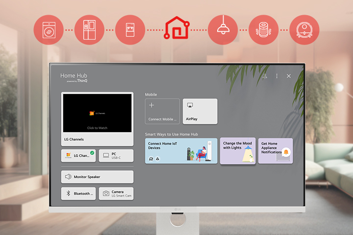 The LG Smart Monitor screen is showing the ThinQ Home Dashboard interface.	