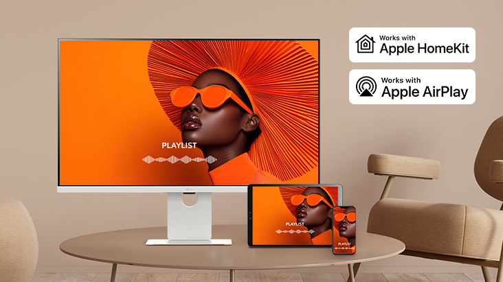 The same screen is being shared across a LG Smart Monitor, laptop, tablet, and smartphone using AirPlay 2 and Screen Share.	