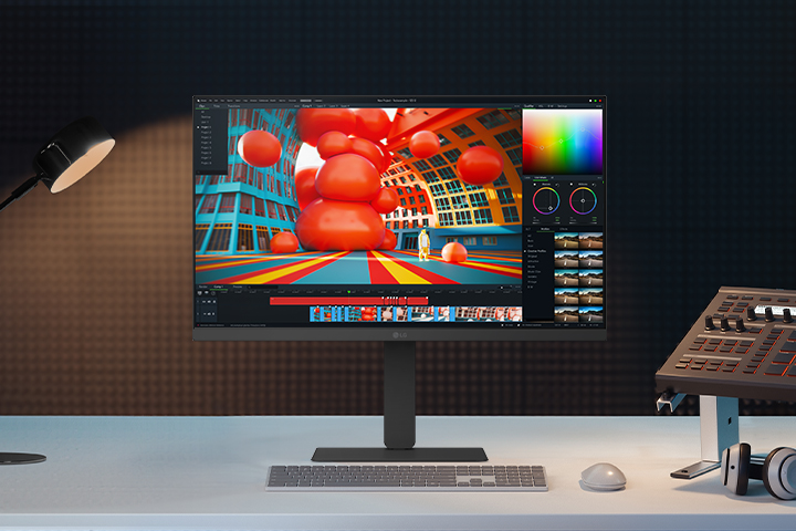 Front view of a white LG monitor on a desk, displaying a colorful 3D editing interface, with a lamp, keyboard, audio mixer, and headphones nearby.	