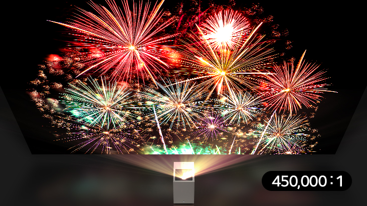 LG CineBeam projecting vivid fireworks image