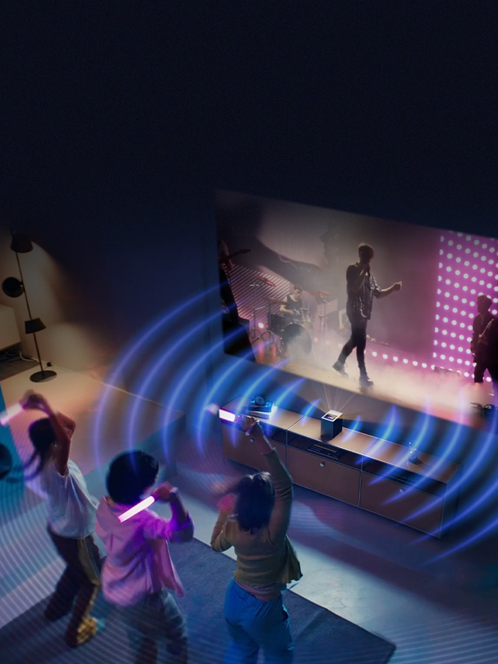 Blue soundwave graphic coming out of LG CineBeam projector