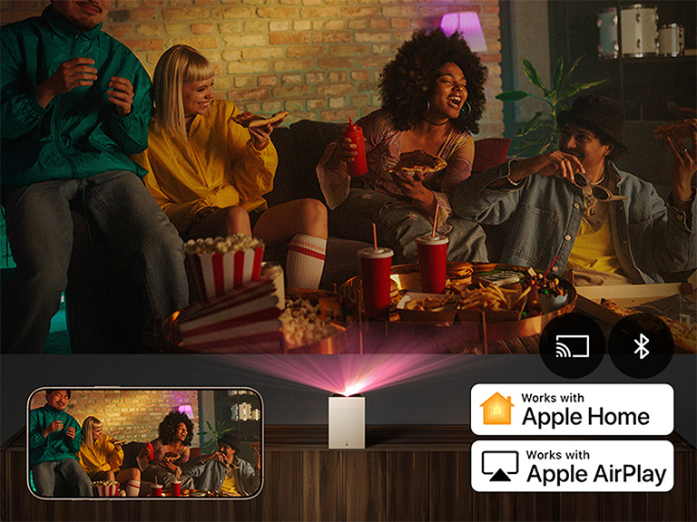 Party image mirrored from a smartphone to an LG CineBeam projector
