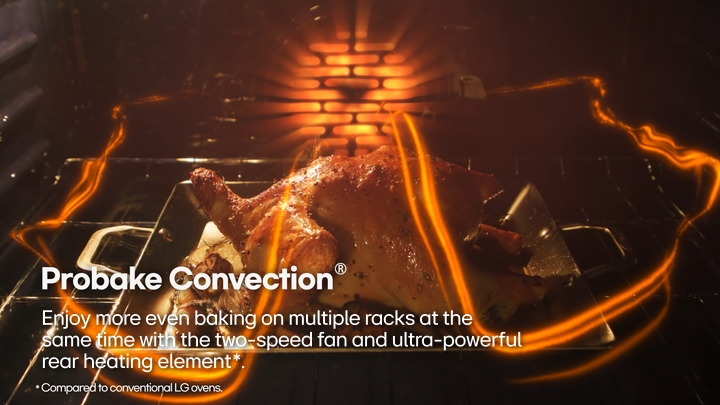 LG ProBake Convection® oven baking evenly browned cookies and roasts on every rack with professional precision.