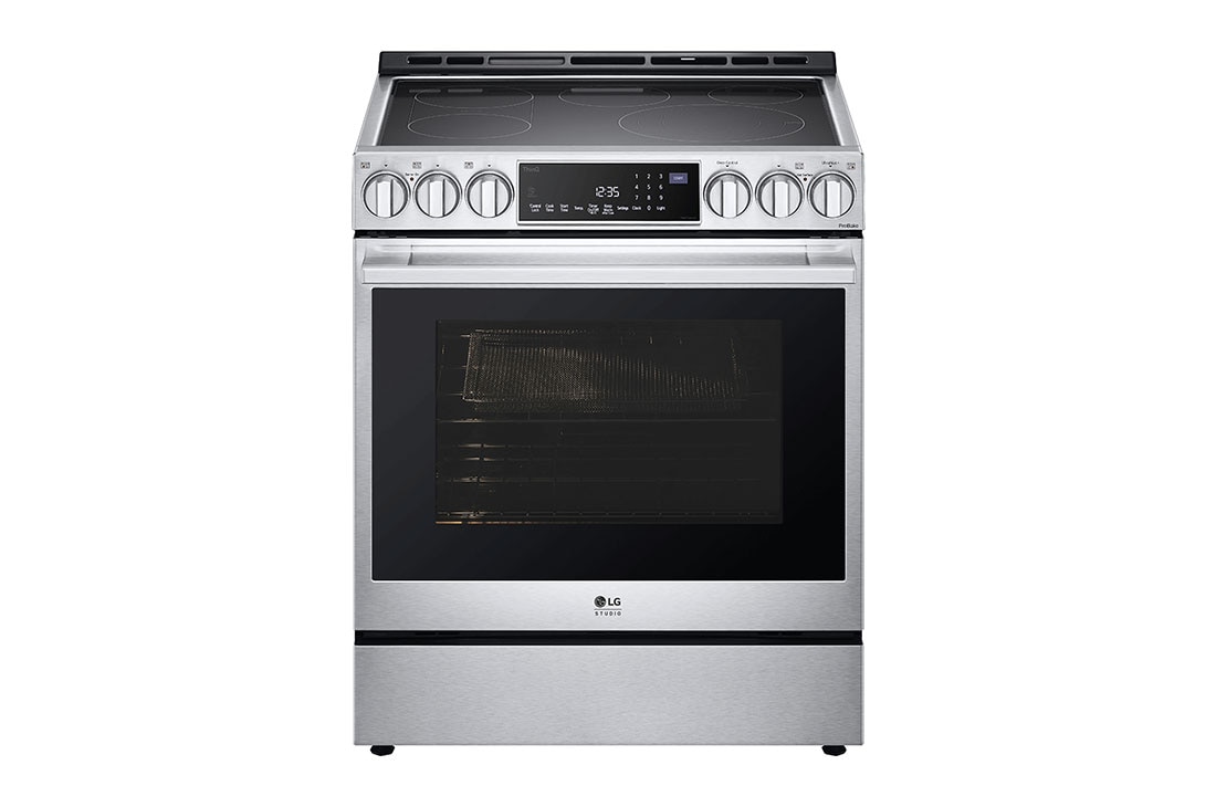Side view of LG LG STUDIO 30" Elec. 6.3 cu ft. Range | Probake Convection, Air Sous-Vide, Air Fry, SelfClean, EasyClean®& Smart, Stainless, Slide-in - LSES6338F