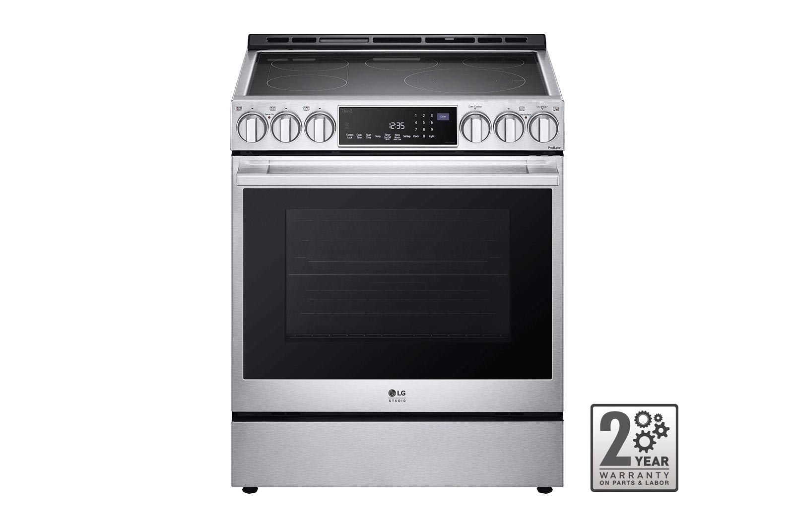 Front view of LG LG STUDIO 30" Elec. 6.3 cu ft. Range | Probake Convection, Air Sous-Vide, Air Fry, SelfClean, EasyClean®& Smart, Stainless, Slide-in - LSES6338F