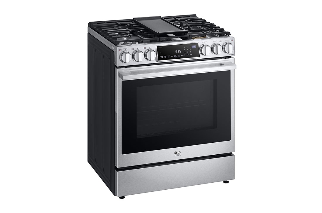 Side view of LG LG STUDIO 30" Gas 6.3 cu ft. Range | Probake Convection, Air Sous-Vide, Air Fry, SelfClean, EasyClean®& Smart, Stainless, Slide-in - LSGS6338F