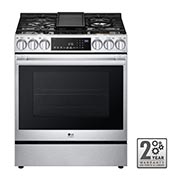 Front view of LG LG STUDIO 30" Gas 6.3 cu ft. Range | Probake Convection, Air Sous-Vide, Air Fry, SelfClean, EasyClean®& Smart, Stainless, Slide-in - LSGS6338F