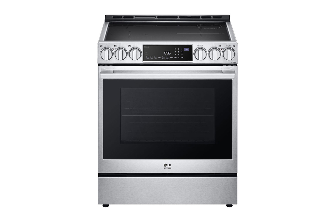 Front view of LG LG STUDIO 30" Induction 6.3 cu ft. Range | Probake Convection, Air Sous-Vide, Air Fry, SelfClean, EasyClean®& Smart, Stainless, Slide-in - LSIS6338F
