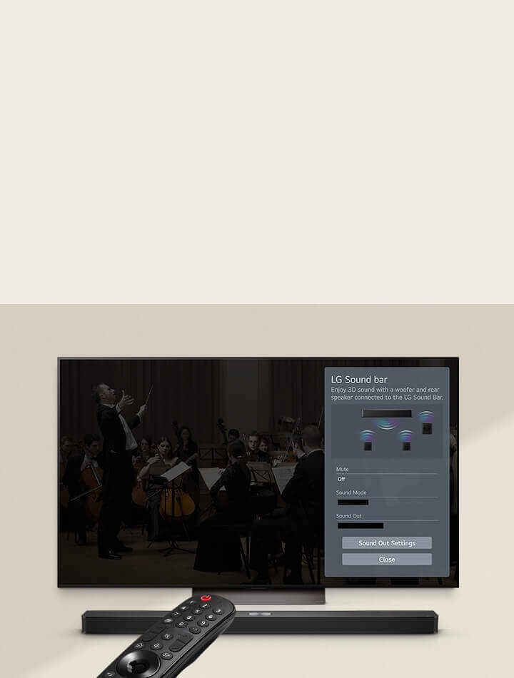 La télécommande de LG est dirigée vers un téléviseur de LG avec une barre de son LG en dessous. Le téléviseur de LG affiche le menu de l’interface WOW à l’écran.