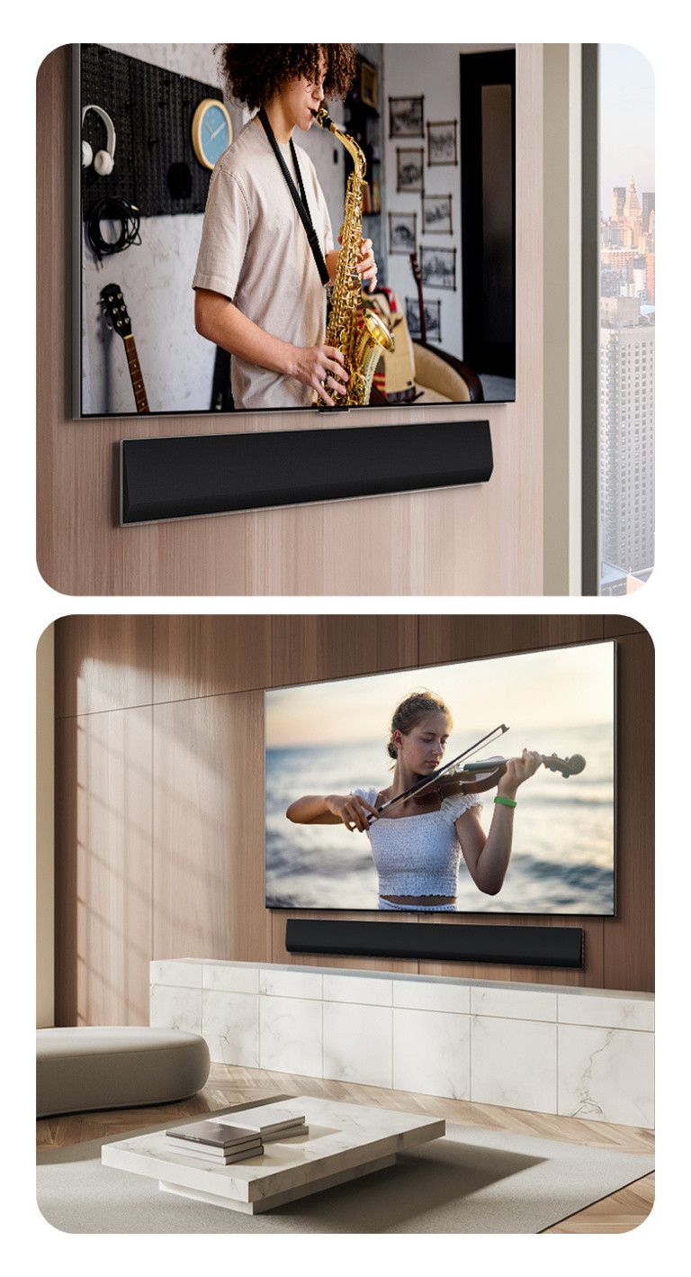 An angled perspective of an LG Soundbar and LG TV mounts against the wall, showing a trumpet performance on the screen.  LG Soundbar and LG TV on the wooden wall of an apartment, showing a woman playing violin at the sea.