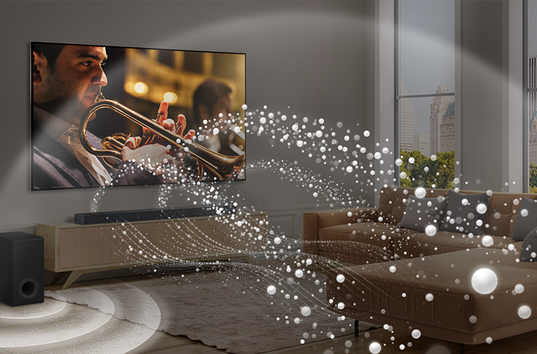 LG Soundbar, LG TV, and a subwoofer are placed in a modern city apartment. LG Soundbar is emitting soundwaves made of white droplets filling the room and a subwoofer is creating a sound effect from the bottom. As a whole, they are creating a dome effect across the room.