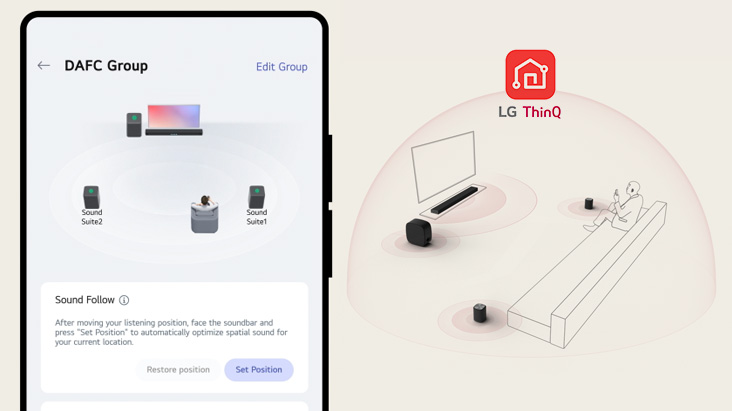 LG ThinQ app demonstrating Sound Follow tracking user position with speakers adapting sound around seating area