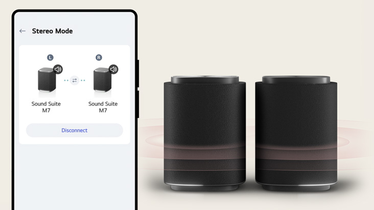 LG ThinQ app showing stereo mode pairing with two speakers creating a wider dual-audio soundstage