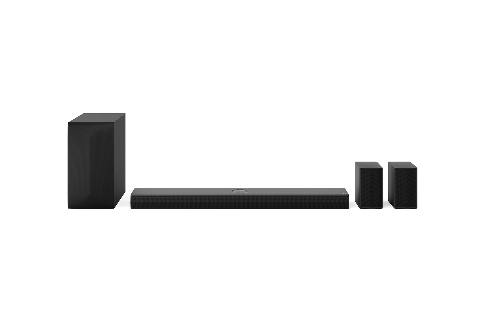Front view of LG Soundbar S70TR, subwoofer, and Rear Speakers