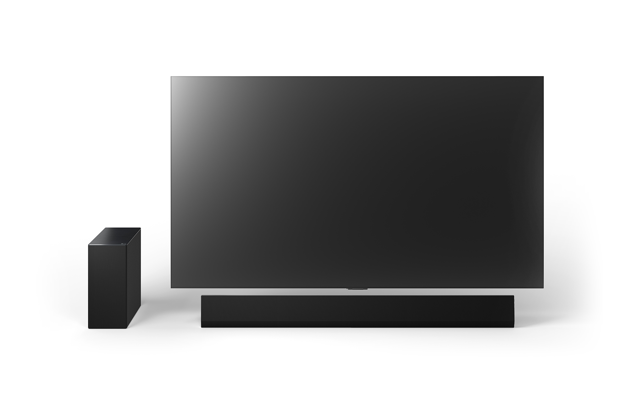 Front view of 65inch LG OLED G4, LG Soundbar SG10TY, and Subwoofer