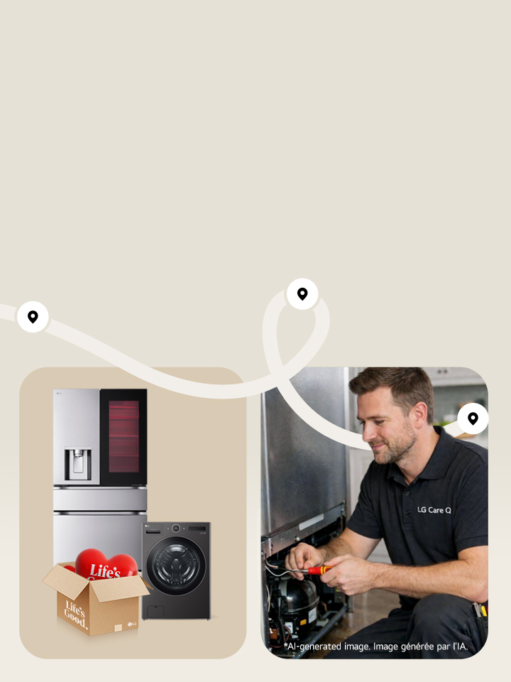 An LG refrigerator and washing machine next to a box filled with heart-shaped balloons labeled ‘Life’, with a character holding a heart and a woman using a smartphone connected by a curved line.