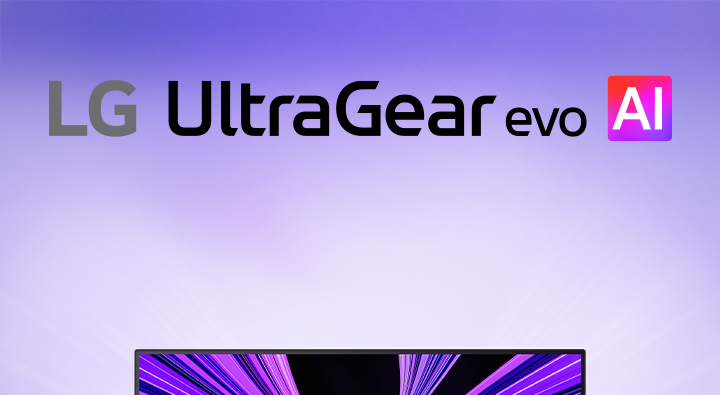 UltraGear™ evo AI logo in a futuristic, neon-lit room.