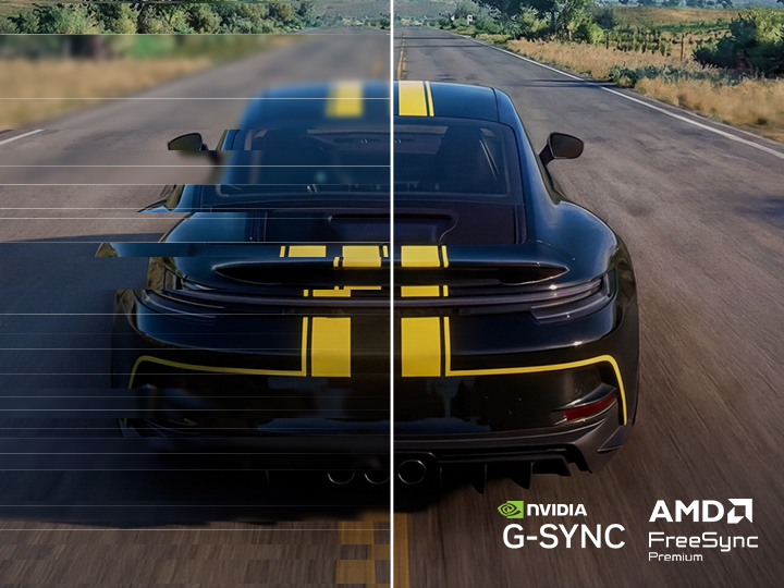 UltraGear gaming monitor (27GM950B) delivers smooth, tear-free racing gameplay with NVIDIA G-SYNC and AMD FreeSync Premium
