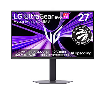 Vue de face du moniteur de jeu UltraGear evo GM9 de 27 pouces, moniteur de jeu Hyper Mini LED à double mode (5K 165 Hz ou QHD 330 Hz) (27GM950B)