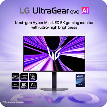 Front view of 27-inch UltraGear evo GM9, Hyper Mini LED Gaming Monitor with Dual Mode (5K 165Hz or QHD 330Hz) (27GM950B)