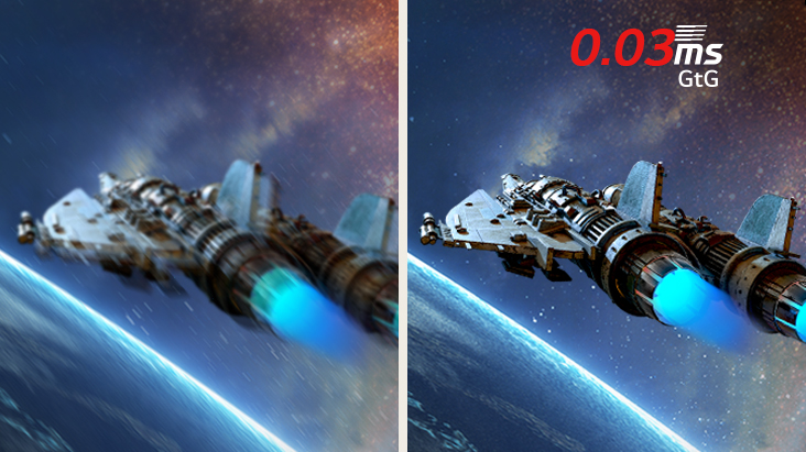 Comparison image showing reduced motion blur on the UltraGear™ 32GX850A with 0.03ms (GtG) response time for smoother gaming visuals.	