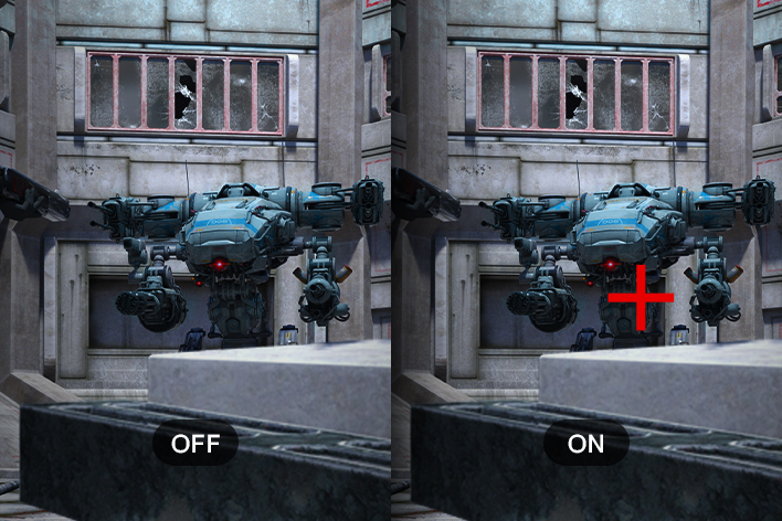 Comparison image of a mechanical combat robot, with the left side showing no targeting mark (OFF) and the right side showing a red crosshair over the robot (ON).