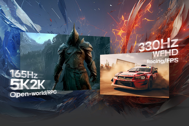 LG UltraGear gaming monitor (39GX950B) with Dual Mode, supporting 165Hz at 5K2K and 330Hz at WFHD for games from RPG to FPS