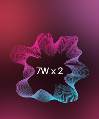 Graphic illustration with colorful sound wave patterns surrounding the text '7W x 2'.