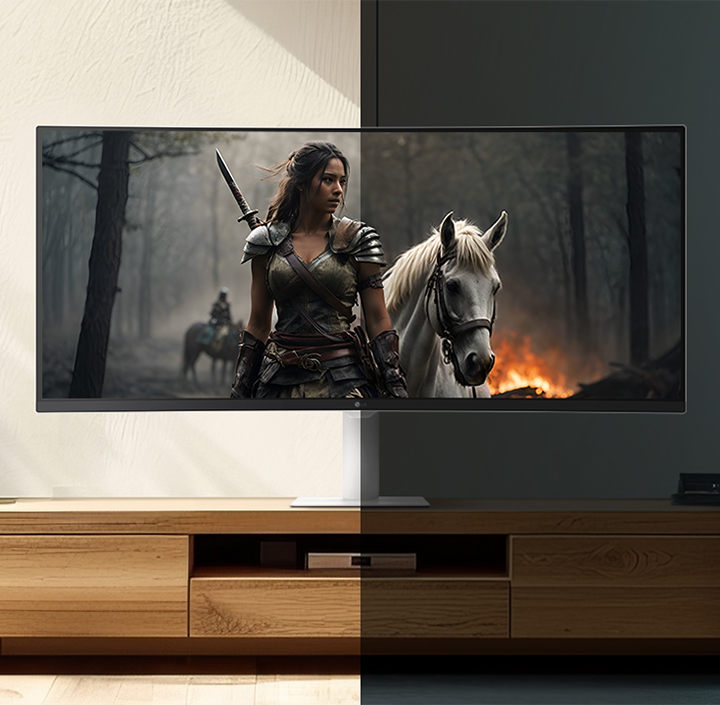 The left image shows the daytime appearance with the brightness adjustment feature, while the right image shows the nighttime appearance with the same feature.