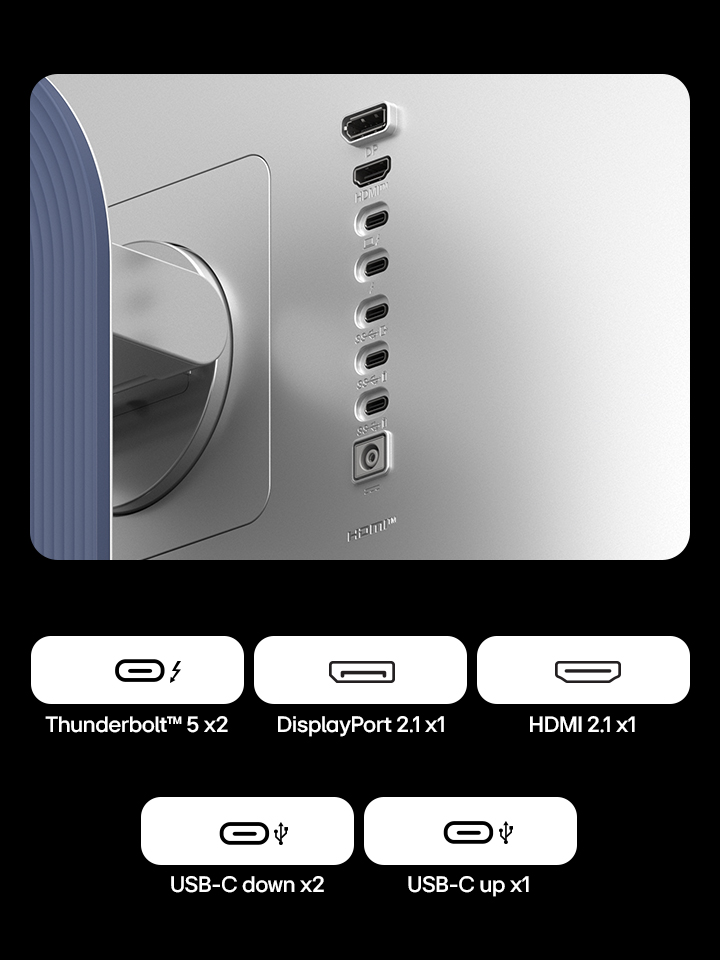 Close-up image of UltraFine monitor's ports to show the various cable connectivity it has.
