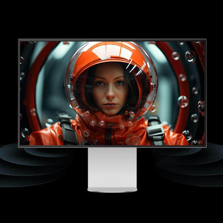 A UltraFine monitor is placed in a virtual space with soundwaves coming from the bottom part of the monitor moving forward. On the screen a woman in a red-space-suit is facing forward.