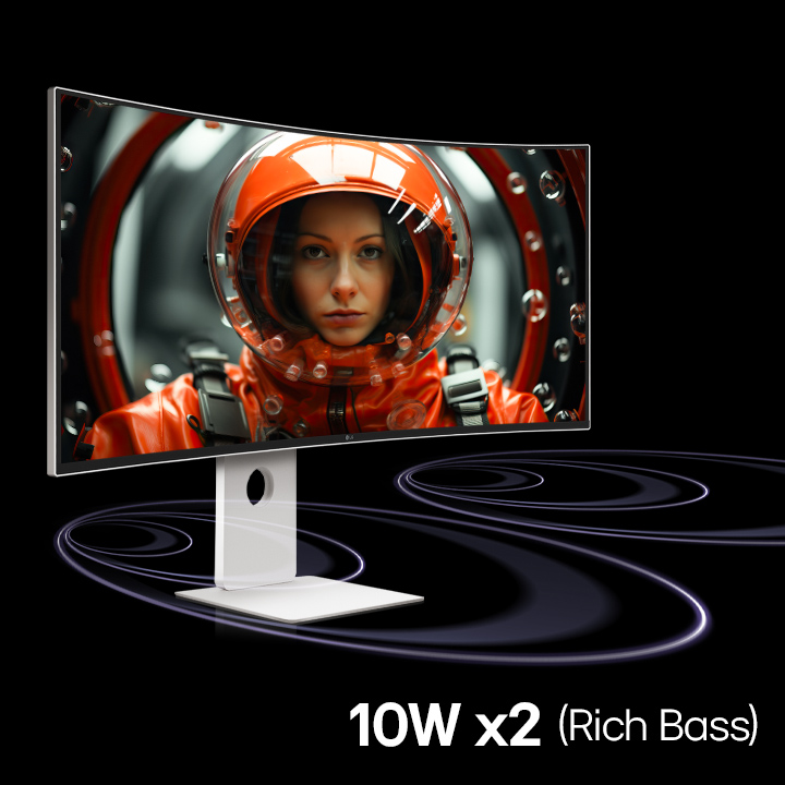 A UltraFine monitor is placed in a virtual space with soundwaves coming from the bottom part of the monitor moving forward. On  the screen a woman in a red-space-suit is facing forward.
