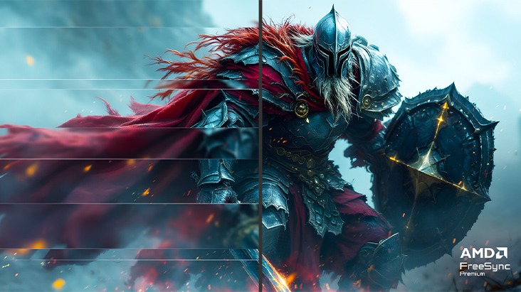 A game-play still image of a huge monster with silver armor and red cape holding a shield.