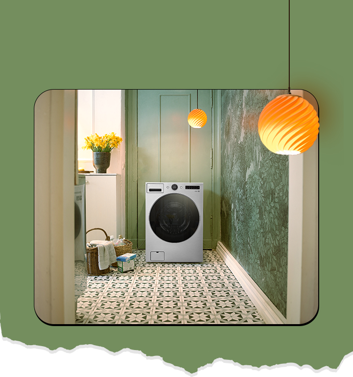 The washing machine is displayed at the front, with a yellow flower basket and a laundry basket next to it.