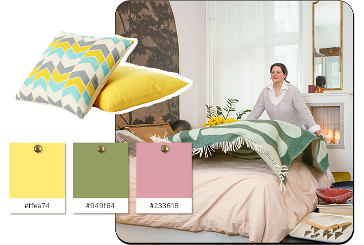 The woman is spreading a thin patterned blanket on the bed, and next to the image, there is a recommended cushion and a color palette.