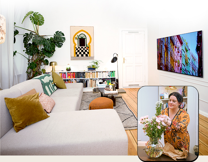 A panoramic view of the living room with a TV is visible, and a layered photo of a woman arranging flowers is overlaid.