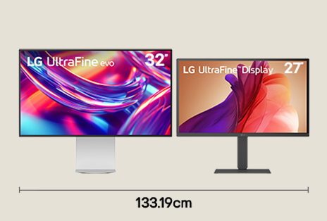 Dual monitor setup with 32 inch 6K and 27 inch 4K UHD displays for creative workflow with 133.19 cm desk width