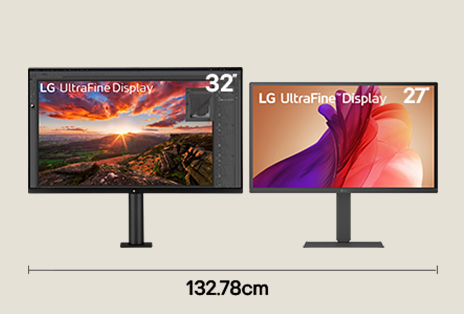 Dual monitor setup with 32 inch UHD and 27 inch 4K displays for coding workflow with 132.78 cm desk width