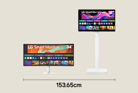 Dual monitor setup with 34 inch WQHD and 32 inch 4K UHD displays for multitasking entertainment with 153.65 cm desk width