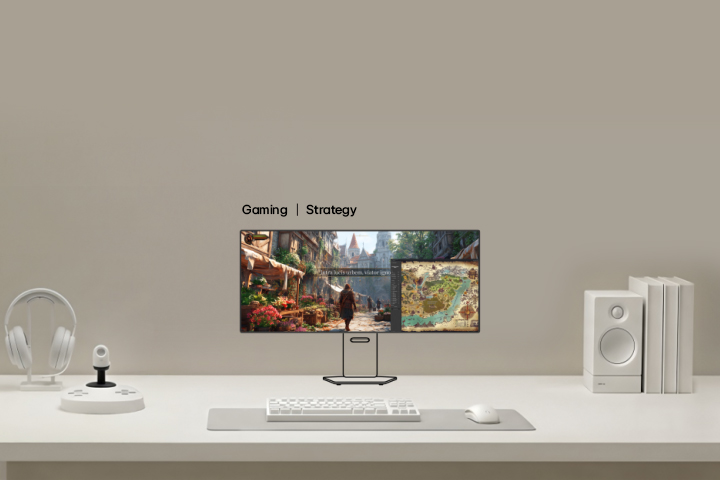 This video shows a gaming monitor setup for explorer type gamers, where the main ultrawide monitor displays open world gameplay, while secondary monitors show maps, quests, and system information to expand situational awareness and immersive exploration.
