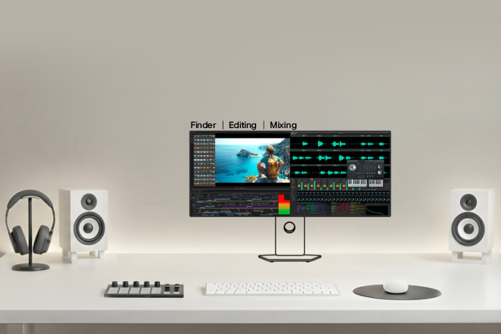 This video shows a creative monitor setup for video and sound creators, where the main monitor displays the editing timeline and preview window, while secondary monitors show audio tracks, tools, and control panels to support professional video editing and sound production workflow.