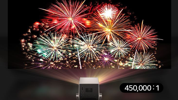 LG CineBeam projecting vivid fireworks image