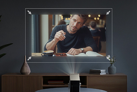 Video of the LG CineBeam Q projector with screen scaling and shifting feature