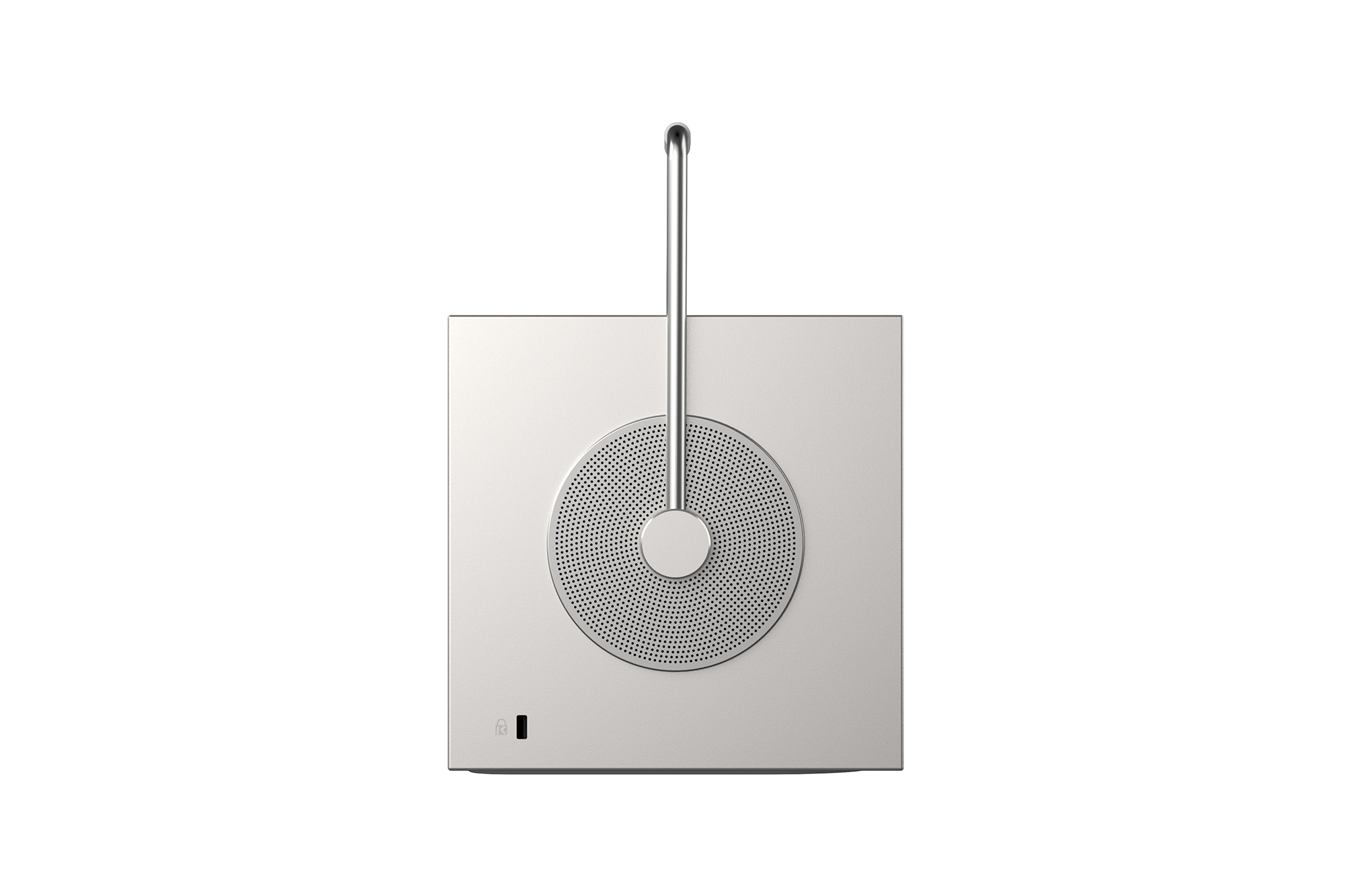 side view with circular speaker design and handle on top