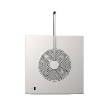side view with circular speaker design and handle on top