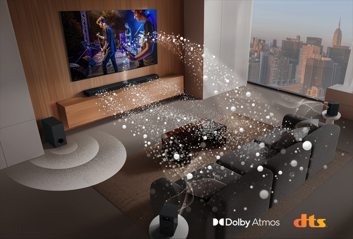 LG Soundbar, LG TV, rear speakers and a subwoofer are in a living room of a skyscraper, playing a musical performance. White soundwaves made up of droplets project from the soundbar, looping around the sofa. A subwoofer is creating a sound effect from the bottom. Dolby Atmos logo DTS logo