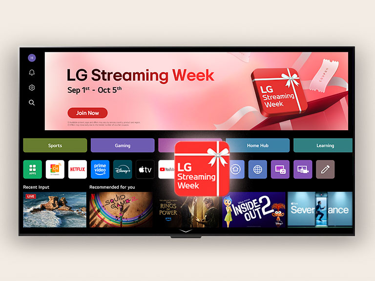 L’écran d’accueil webOS de LG est placé avec une case rouge qui dit « LG Streaming Week »