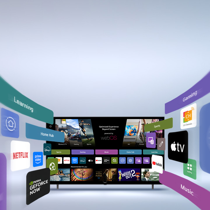 Téléviseur Smart de LG affichant l’écran d’accueil webOS avec des applications de divertissement et des éléments d’interface utilisateur LG Channels qui s’étendent dynamiquement vers l’extérieur, mettant en évidence plus de 4 000 applications et les chaînes globales.