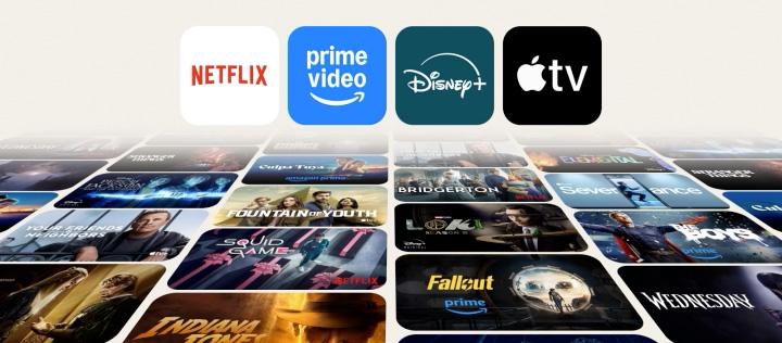 Séquence animée montrant les logos de Netflix, Prime Video, Disney+ et Apple TV+ flottant au-dessus d’un collage dynamique d’émissions télévisées à succès, mettant en évidence l’accès du téléviseur Smart de LG aux plateformes de diffusion en continu mondiales et l’expérience de visionnement immersive.