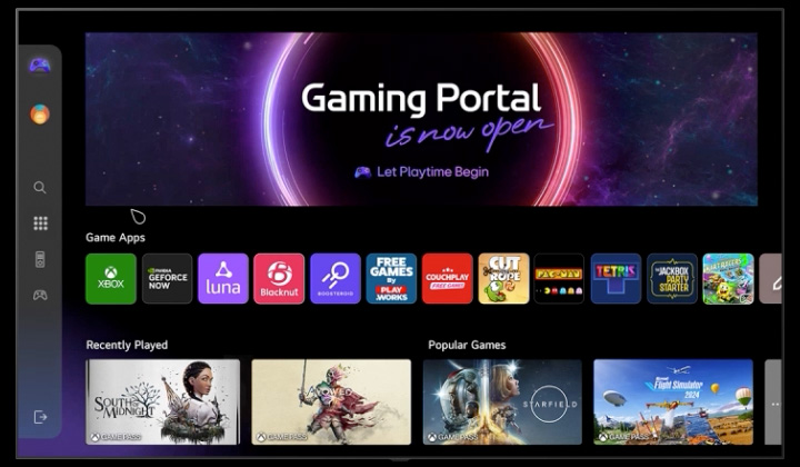 LG TV affichant l’écran du portail de jeux, faisant défiler vers le bas les jeux et les caractéristiques disponibles. La vidéo montre un utilisateur naviguant vers le menu des paramètres sur la gauche, présentant diverses options de jeu, notamment GFN, Luna, Blacknut, Boosteroid et Xbox.